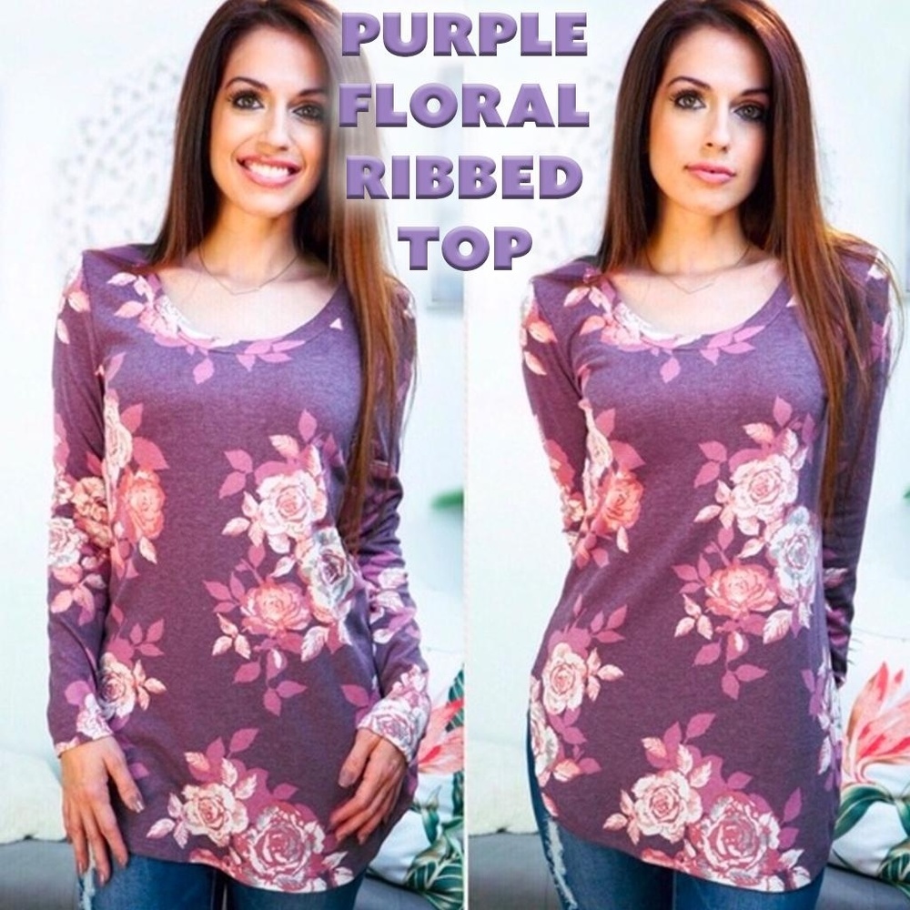 Floral Purple Ribbed Top